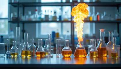 Glass flasks and cylinders contain amber liquid. One flask burns with bright flame during science experiment. Research lab bench setup with labware and scientific apparatus.