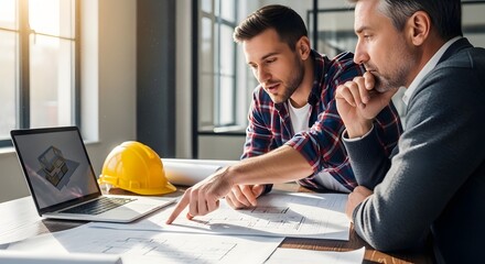 Construction Team Reviewing Plans on Laptop with Hard Hat in Office Collaboration and Teamwork in Building Project Development Strategy