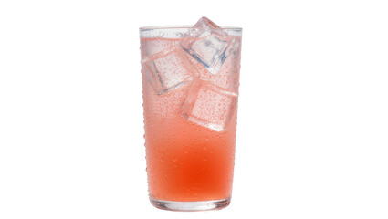 Tall glass of pink grapefruit soda with ice cubes, isolated on transparent background
