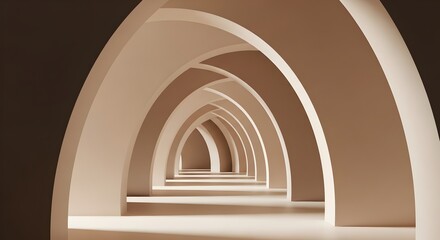Series of beige arches forming a tunnel with diminishing sizes and soft lighting creating a minimalist architectural background
