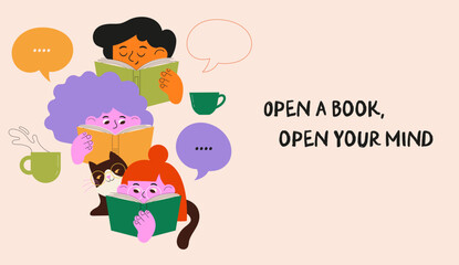 Hand drawn colorful poster and banner with kids and cute cat reading books. Doodles series for book fair, festival, bookshop and back to school design