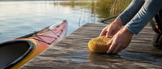 Hands cleaning a wet wooden dock with a yellow sponge beside a kayak on calm lake water, with reeds and soft sunlight near shore outdoors