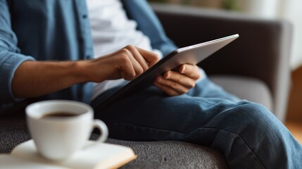 Person using digital tablet on sofa at home with coffee cup in foreground.