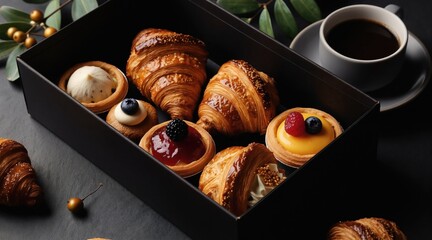 Gourmet pastry box with assorted croissants, tarts, and cream puffs. Elegant assortment includes coffee and berries. Perfect for luxury brunch or dessert.
