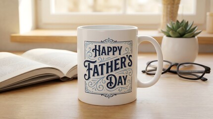 Happy Father's Day White Coffee Mug with Vintage Typography on Wooden Desk with Book Glasses and Succulent