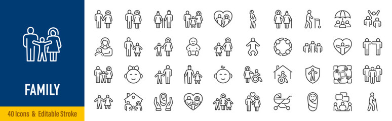 Family web icons in line style. Parents, mother, father, baby, children, grandparents, collection. Vector illustration.
