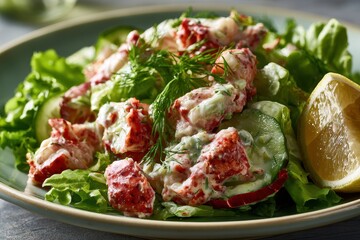 Lobster salad chunks mixed with creamy dressing and greens in a macro shot with sharp focus for high-end seafood restaurant marketing
