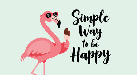 Fun pink flamingo wearing black sunglasses and eating a chocolate ice cream bar on a light green background.