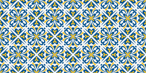 Mediterranean tile pattern with blue ceramic ornament and floral mosaic design. Seamless Portuguese geometric motif for floors, walls and decorative backgrounds. Vector illustration