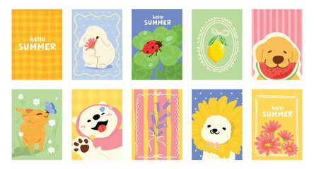 summer party poster decorate with lemon, leaves, lobster, wine, cheese, tomato, crab, shell in line art. Design for card, greeting card, cover, poster.