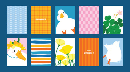summer party poster decorate with lemon, leaves, lobster, wine, cheese, tomato, crab, shell in line art. Design for card, greeting card, cover, poster.