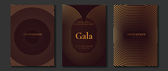 Luxury gold art deco invitation vector set with geometric stripes and elegant line background for gala party.