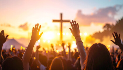 Crowd hand silhouette worship concert outdoor twilight glowing cross sunset people praise music festival spiritual faith celebration evening sky light joyful unity festival event gathering hope