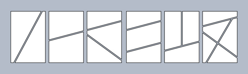 Set blank of comics book page, grid manga comic layout, photo collage storyboard