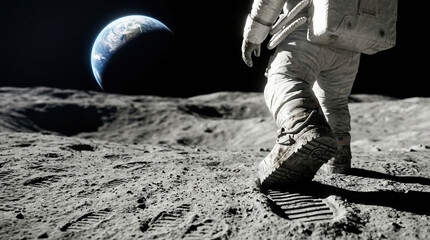 An astronaut walks on the moon's surface. The footprints are clear as Earth hangs in the dark sky. This scene shows exploration and achievement in space travel