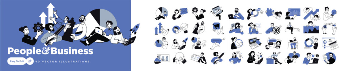 Business concept illustrations. Vector illustrations of people in various activities of business strategy and planning, management, data analytics, startup and project development, marketing. 