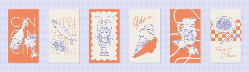 Mediterranean dinner food sketch set with wine, seafood, gelato and pasta on orange background banner. Italian food icon collection for restaurant menu and social media illustration in handdrawn