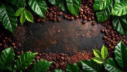 Coffee beans and green leaves frame with copy space for design elements
