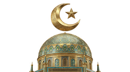 Ornate golden mosque dome featuring intricate blue mosaic tiles under a radiant metallic crescent moon symbol isolated on white background