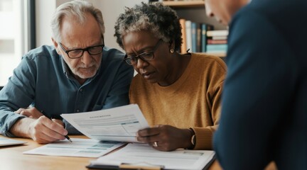 Elderly couple reviews financial documents with consultant. Man signs paper, woman reads contract at table. They discuss pension and savings for future.