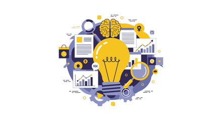 Strategic Business Innovation and Data Analytics Concept with Light Bulb, Brain, and Research Icons