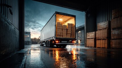 Semi-truck being loaded at a warehouse dock at night with wet ground reflecting lights.