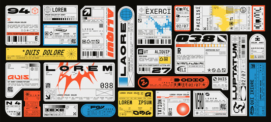 Retro futuristic industrial labels with fake logos, cyberpunk aesthetics decals. Packaging tags with barcodes and technical symbols, product sticker, cargo label, dystopian sci-fi elements vector set