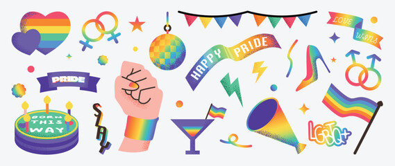 Pride month sticker elements with rainbow hearts, gender symbols, disco ball, fist, megaphone, flag, banner, cake, cocktail, high heel, snake and love wins typography vector set.