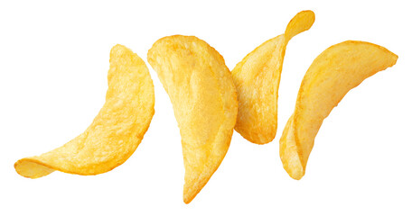 Delicious potato chips in dynamic composition, isolated on cutout transparent background