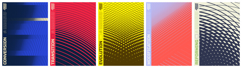 Abstract geometric vector poster set with halftone grid and optical illusion patterns, Shape distortion and linear gradients with transition effect, dynamic graphic for banner and wall art, kit 1