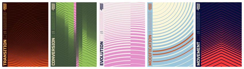 Abstract vector poster set with linear gradients and geometric distortion patterns, Minimalist halftone artwork visual transformation and dynamic motion ornament with transition effect, kit 2