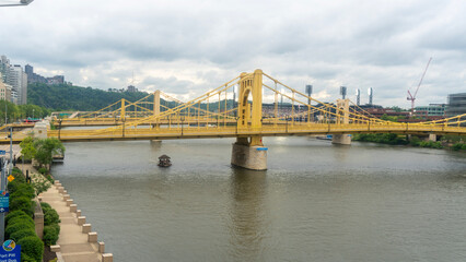 A scenic wide shot captured from an elevated perspective, showcasing Pittsburgh’s iconic 