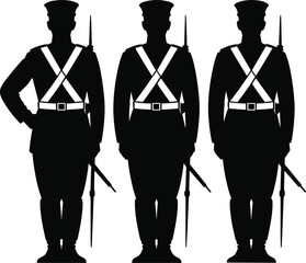 Three soldier silhouettes in uniform with rifles standing at attention black and white.
