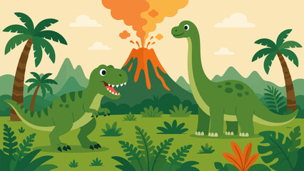 Dinosaur Land Adventure: A lively cartoon depicts two friendly dinosaurs, a Tyrannosaurus Rex and a Brontosaurus, amidst a prehistoric landscape with lush vegetation and an erupting volcano.