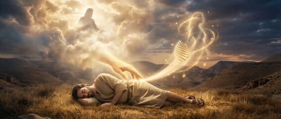 God creating woman from rib of sleeping man in biblical scene from Genesis. Divine hand forming female soul from male body in desert landscape. Religious art depicting story of creation. Banner with