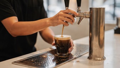 Medium shot featuring a barista pouring cold brew coffee into a cup from a nitro tap with the drip tray catching small spills below in soft focus.