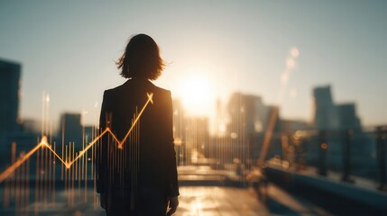 Business woman looking at financial graph on city skyline sunset