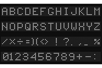 Led digital font, electronic display alphabet, electronic numbers and letters of digital ticker board, vector