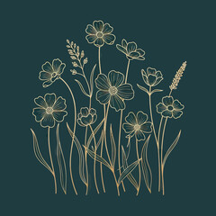 Golden Line Art Wildflowers and Meadow Grasses, Elegant Botanical Illustration Vector on Dark Background