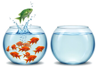 Goldfish swimming in glass fishbowls with water splash and green frog jumping between
