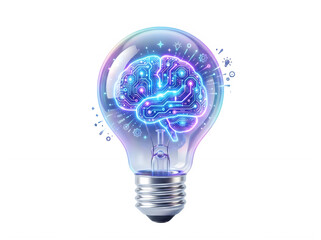 3D illustration of a glass light bulb with a glowing digital brain inside, concept of artificial intelligence, creative idea, innovation, or brainstorming.