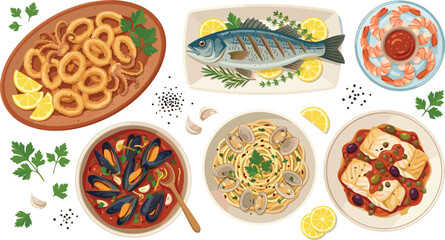 Mediterranean Seafood Feast Set With Calamari Grilled Fish Shrimp Mussels Pasta and Cod Lemon Garlic Herbs Vector Illustration