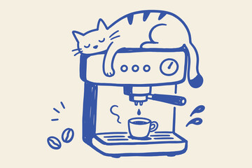 Cat on Coffee Machine Doodle Sketch Vector Illustration