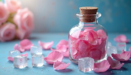 Clear glass bottle full of pink rose petals and ice cubes. Scattered petals and ice on blue surface. Soft pink roses in background. Calm spa ambiance.