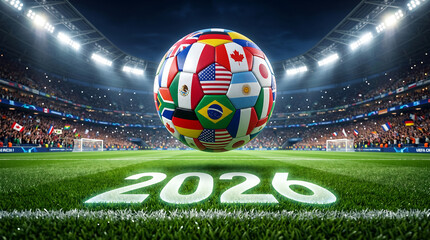 2026 world cup soccer ball with international flags in stadium