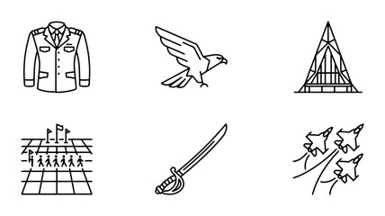 Military Icons Set: Uniform, Eagle, Building, Parade, Sword, Jets, Vector Graphics