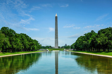 Front view of the Washington Monument reflected in the Reflecting Pool on a clear summer day in Washington DC.