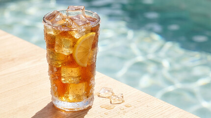 Refreshing iced tea with lemon and ice cubes by the pool on a sunny day