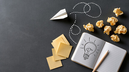 Creative Idea Workspace with Notebook Pencil Paper Plane and Popcorn on Dark Background