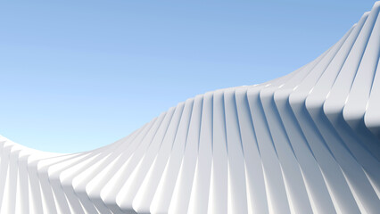 Abstract 3D white architectural wave background. Minimalist parametric geometric structure under clear blue sky, perfect for luxury real estate banners and modern corporate backdrop design